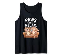 Paws And Relax Dibujos Animados Gato Perro Café Sofá Escena Divertido Juego de palabras Camiseta sin Mangas