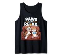 Paws And Relax Dibujos Animados Gato Perro Café Sofá Escena Divertido Juego de palabras Camiseta sin Mangas