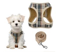 PawSailor Step-in Arnés Perro con Correa Antitirones Reflectante Arneses para Cachorros Ajustable A Cuadros Acolchado Suave Transpirable Arnes Chaleco para Perros Pequeños y Medianos, Beige L