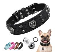 PawView Collar de perro con diamantes de imitación con etiqueta de identificación inteligente con código QR, collar de cuero impermeable ajustable para perros pequeños, medianos y grandes, negro, S