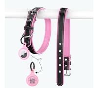 PawView Collar de perro de piel auténtica con soporte para AirTag, ajustable y personalizado para perros pequeños, forro de poliuretano transpirable, código QR antipérdida (S: cuello 28-42 cm, ancho 2