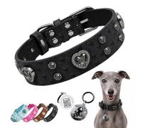 Pawview Collar de perro personalizado con etiquetas de identificación para perros, collar de cuero con diamantes de imitación brillantes, resistente y suave, ajustable para perros pequeños, medianos y