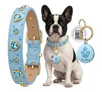 PawView Collar para Perro de Cuero Turquesa Claro con Cristales de Corazón y Placa de Identificación QR Inteligente - Elegante, Seguro y Ajustable