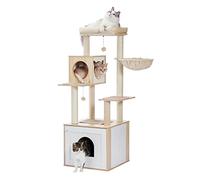 PAWZ Road Moderno árbol de madera para gatos con armario de almacenamiento, caja de arena y espacioso condominio para gatos, percha superior grande y hamaca, postes rascadores cubiertos de sisal para