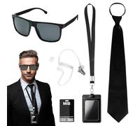 PAYFULLY Juego de accesorios para disfraz de agente para hombre, incluye gafas de sol negras, corbata, auricular, tarjeta de identificación y soporte para tarjetas para hombres, mujeres y niños