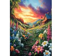 Paysage de coucher de soleil sur la maison de campagne dans le champ de fleurs Rompecabezas 500 Piezas Cartón Para Toda La Familia Mitos cuento de hadas Tiempo Libre Entretenimiento Sin Pantalla Calid