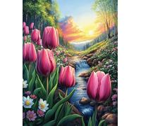Paysage de Coucher de Soleil Sur le ruisseau de tulipes Puzzle 300 Piezas Cartón Blanco Premium para Expertos Mitos fantásticos Vacaciones Fines Semana Hobby Y Ocio Regalo Navideño 300