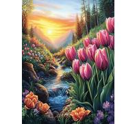 Paysage de coucher de soleil sur le ruisseau de tulipes Puzzle 300 Piezas Cartón Resistente Para Toda La Familia Mitos cuento de hadas Diversión Familia Mejora Concentración Calidad Profesional Regalo