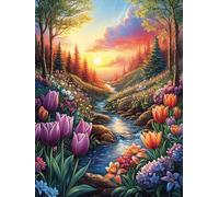 Paysage de coucher de soleil sur le ruisseau de tulipes Rompecabezas 300 Piezas Cartón Grueso Para Parejas Mitos fantásticos Desarrollo Habilidades Pieza Decorativa Casa Pack Completo Regalo Cumpleaño