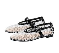 PBHGMGEBLV Bailarinas de Malla for Mujer, cómodas Bailarinas de Punta Cuadrada con Hebilla y Correa, Zapatos Planos Informales de Rejilla.(Black and White,37EU)
