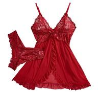 PBHGMGEBLV Tulle Suspenders Women's Lace V-Neck Underwear Cute Lace Babydoll Sleepwear Thong Dress Set Lingerie Nightgowns(Red,XXL)