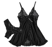PBHGMGEBLV Tulle Suspenders Women's Lace V-Neck Underwear Cute Lace Babydoll Sleepwear Thong Dress Set Lingerie Nightgowns(Black,M)