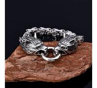 PBTMCD Brazalete con Cabeza De Lobo para Hombre Pulsera, Acero Inoxidable Motorista Punk Cadena MuñEca Cadena Rey Joyas Amuleto Vikingo Fenrir Cierre Anillo Resorte,Plata,19cm
