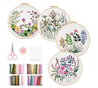 PBUSPU 4 Piezas Kit de Inicio de Bordado,Con Patrón de Costura Floral de Plantas y Descripción, Incluye 1 Aros, Hilos de Colores, Agujas y Tela, Punto de Cruz, Artes de Bricolaje, Manualidades