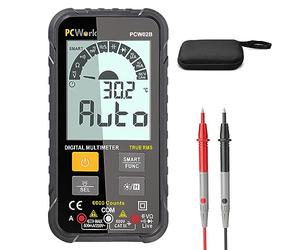 PCWork Mini multímetro digital PCW02B, multímetro inteligente, pantalla grande, True RMS, rango automático, 6000 contadores, CAT 3 600 V, medidor de corriente, medidor de voltaje, comprobador de