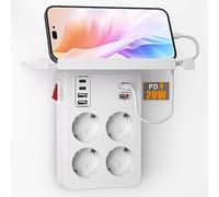 PD20W Ladron Enchufes con Interruptor, Enchufe Multiple con Carga Rápida PD3.0 y QC18W, Regletas Enchufes Pared con 4 Tomas y 6 USB Cargador,Alargador Enchufe Adaptador Tipo C con Estanteria,Blanco