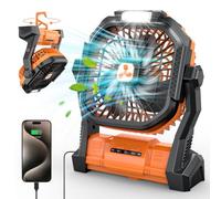 PDBEST Ventilador Portátil de 20000 mAh, Ventilador USB con Linterna LED, Ventilador de Mesa con Batería y Puerto Type-C, Ventilador Recargable Perfecto para el Camping, los Viajes y la Playa Naranja