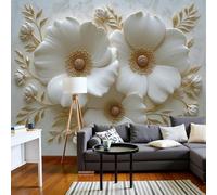 pdghsdkgjh Fotomural Flores Blancas con Pan de Oro - Decoración pared salón dormitorio - Motivo floral en relieve - Blanco marfil, 250cm x 175cm