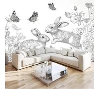 pdghsdkgjh Fotomural Hierba Conejo Papel pintado no tejido Flores Mariposas Para sala de estar Dormitorio, decoración moderna del hogar Blanco, 400cm x 280cm Pegatinas - Cuadro sin marco - Póster