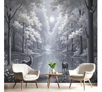pdghsdkgjh Paisaje de bosque y lago: ilustración de ciervos y animales salvajes. Papel pintado con efecto 3D para dormitorio y salón. Decoración de pared en gris oscuro, 350 cm x 256 cm.