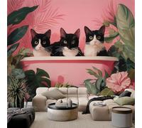 pdghsdkgjh Papel pintado con diseño de hojas tropicales, gato y efecto 3D, color rosa, ideal para sala de estar, dormitorio o cocina. Medidas: 300 cm x 210 cm.