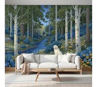pdghsdkgjh Papel pintado fotográfico verde oscuro con paisaje de arroyo forestal, bosque de abedules e ilustración de perro, decoración de pared para dormitorio o salón, 150 cm x 105 cm