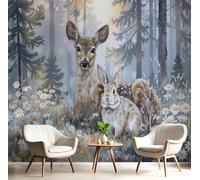 pdghsdkgjh Papel tapiz fotográfico con ilustraciones de animales salvajes para salón o dormitorio: dibujos de ciervos y conejos del bosque, efecto 3D, verde, 200 x 140 cm