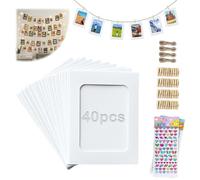 PDKKFF 40 Marco de Fotos Carton de 6 Pulgadas, Blanco Guirnalda de Fotos 11.4x15.5 cm, Kit con 40 Pinzas de Madera, 4 Cuerdas y 2 Adhesivos, Decoración de Pared DIY para Casa, Escuela, Fiesta