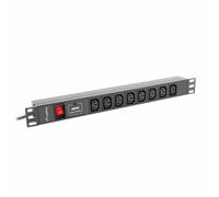 PDU Lanberg PDU-08I-0200-C20-BK 1U 8 Salidas C13 16A Protección Sobretensiones Aluminio Rack