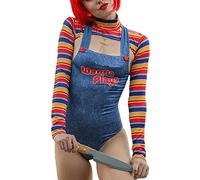 PDYLZWZY Disfraz de Halloween de 2 piezas para mujer Scary Nightmare Killer Doll Wanna Play, vestido de personaje de película Chucky Doll (azul, S)