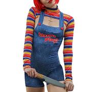 PDYLZWZY Disfraz de Halloween para mujer, muñeco asesino de pesadilla espeluznante, si quieres jugar con un vestido de personaje de película, juego de 2 piezas para muñecas Chucky (azul, S)