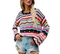 PDYLZWZY Otoño Invierno Mujeres Rayas Bloque de Color Jersey Corto Manga Larga Abandonada Cuello Redondo Casual Suéter Suelto Suéter Tops Hollow Out Prendas de punto, Negro , M
