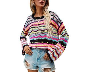 PDYLZWZY Otoño Invierno Mujeres Rayas Bloque de Color Jersey Corto Manga Larga Abandonada Cuello Redondo Casual Suéter Suelto Suéter Tops Hollow Out Prendas de punto, Negro , M
