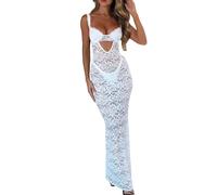 PDYLZWZY Vestido largo de encaje transparente para mujer, sin mangas, tirantes delgados, transparente, sin espalda, maxivestido bodycon con encaje floral, Blanco, S