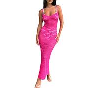 PDYLZWZY Vestido largo transparente para mujer Y2k de encaje con tirantes delgados bodycon vestido largo de corte bajo, Rosa rojo., S