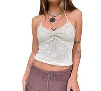 PDYLZWZY Y2K Crochet Knit Tank Tops Halter Hollow Out Crop Cami Top sin mangas Contraste Color Slim Fit Punto Camisola, Blanco, L