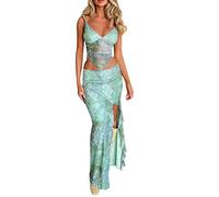 PDYLZWZY Y2K - Juego de 2 faldas largas para mujer, sin mangas, espalda con lazo hacia atrás, bodycon alto dividido Ruffle Midi Faldas Y2k Flroal de dos piezas, Green#1, S