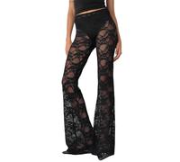 PDYLZWZY Y2K - Mallas de encaje transparente para mujer, estilo gótico, cintura alta, pantalones acampanados, pantalones transparentes, Negro , S