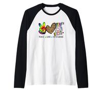 Peace Love 5th Grade, Leopard Tie Dye Pencil Design Teacher Camiseta Manga Raglan