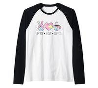 Peace Love Coffee Retro Acuarela Mano Corazón Taza Gráfico Camiseta Manga Raglan