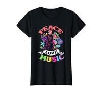 Peace Love Music Hippie años 60 y 70 Flower Power Camiseta gráfica económica, Mujer, Negro, M