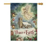 Peace On Earth Angel Church - Bandera de Navidad para casa de 28 x 40 | Iglesia nevada, bandera de césped, bayas de acebo, regalos envueltos, adornos navideños, tema religioso, paisaje de invierno