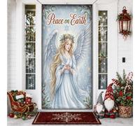 Peace On Earth Angel - Cubiertas de puerta de Navidad de 36 x 72 pulgadas | Emblema de paloma, letrero de puerta delantera, patrones de copo de nieve, diseño elegante de ala, expresión serena