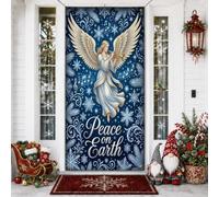Peace On Earth Angel - Cubiertas de puerta de Navidad de 36 x 72 pulgadas | Notas musicales, letrero de puerta delantera, patrones de copo de nieve, caligrafía elegante, ambiente invernal sereno