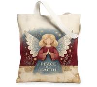 Peace On Earth - Bolsa de lona con cita de ángel de Navidad, 33 x 38 cm | Cita de paz en la tierra, patrón de alas de copo de nieve, ilustración de ángel sereno, estado de ánimo de invierno