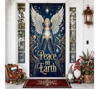 Peace On Earth - Cubiertas de puerta de Navidad con cita de ángel de 36 x | Cita de paz en la tierra, telón de fondo para puerta delantera, detalles de filigrana dorada, diseño de estrella brillante