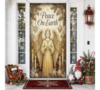 Peace On Earth - Cubiertas de puerta de Navidad con cita de ángel de 36 x | Cita de paz en la tierra, telón de fondo para puerta delantera, alas doradas, detalles de copo de nieve, ambiente sereno