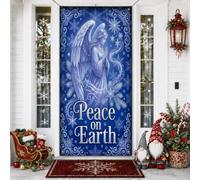 Peace On Earth - Cubiertas de puerta de Navidad con cita de ángel de 36 x | Ilustración de ángel rezando, pancarta de puerta delantera, motivos brillantes de copo de nieve, ambiente invernal sereno