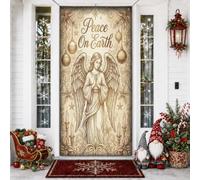 Peace On Earth - Cubiertas de puerta de Navidad con cita de ángel de 36 x | Ilustración de ángel vintage, telón de fondo de puerta delantera, cita inspiradora de vacaciones, fondo de pergamino