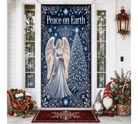 Peace On Earth - Cubiertas de puerta de Navidad con cita de ángel de 36 x | Señal de puerta delantera, detalles de copo de nieve plateados, tema religioso de día festivo, estado de ánimo sereno de